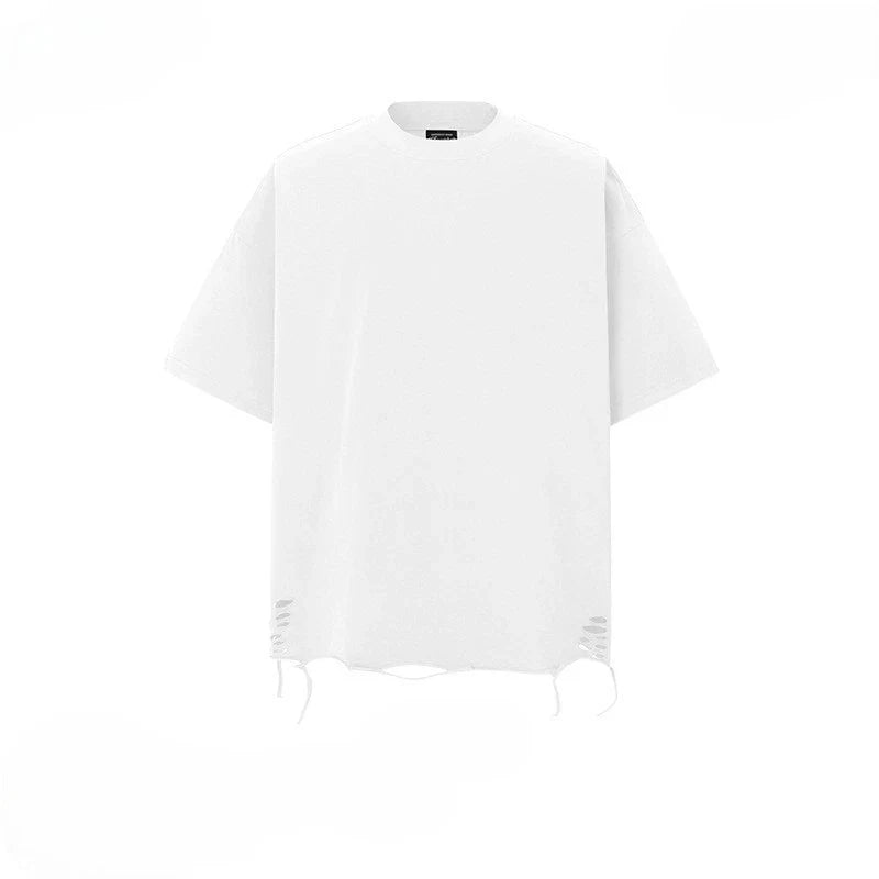 Men's Distressed Oversized Ripped Hem Streetwear Y2K Vintage Black White Unisex , , , Long Sleeve Tee