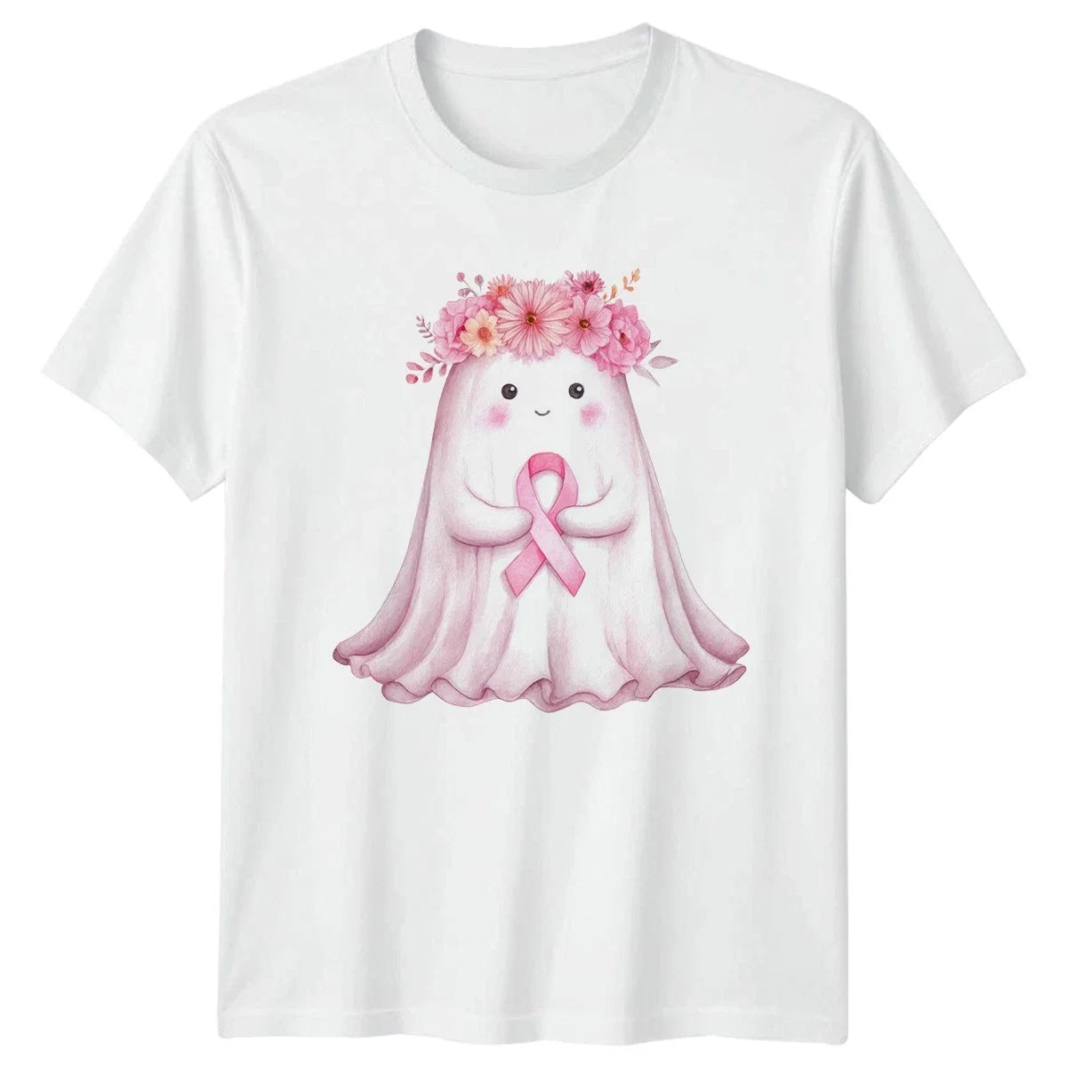 Cute Ghost Wearing Pink Ribbon Womens Breast Cancer Awareness Gift Unisex , , , Long Sleeve Tee