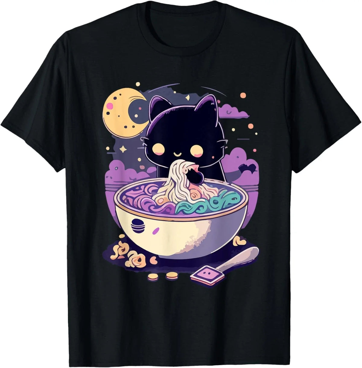 Pastel Goth Aesthetic Kawaii Creepy Cat Eating Ramen Noodles Unisex , , , Long Sleeve Tee