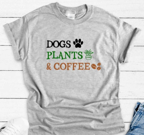 Dogs, Plants, & Coffee, Gray Unisex Short Sleeve T-shirt