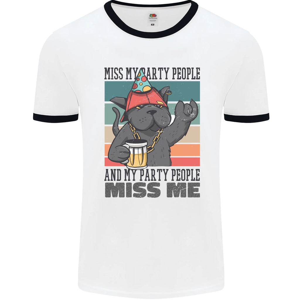 Funny Cat Miss My Party People Alcohol Beer Mens Ringer T-Shirt