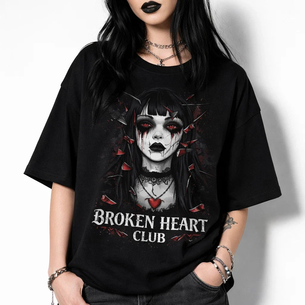 Broken Heart Club Shirt Gothic Girl Emo Aesthetic Dark Streetwear Graphic tshirt Unisex , , , Long Sleeve Tee