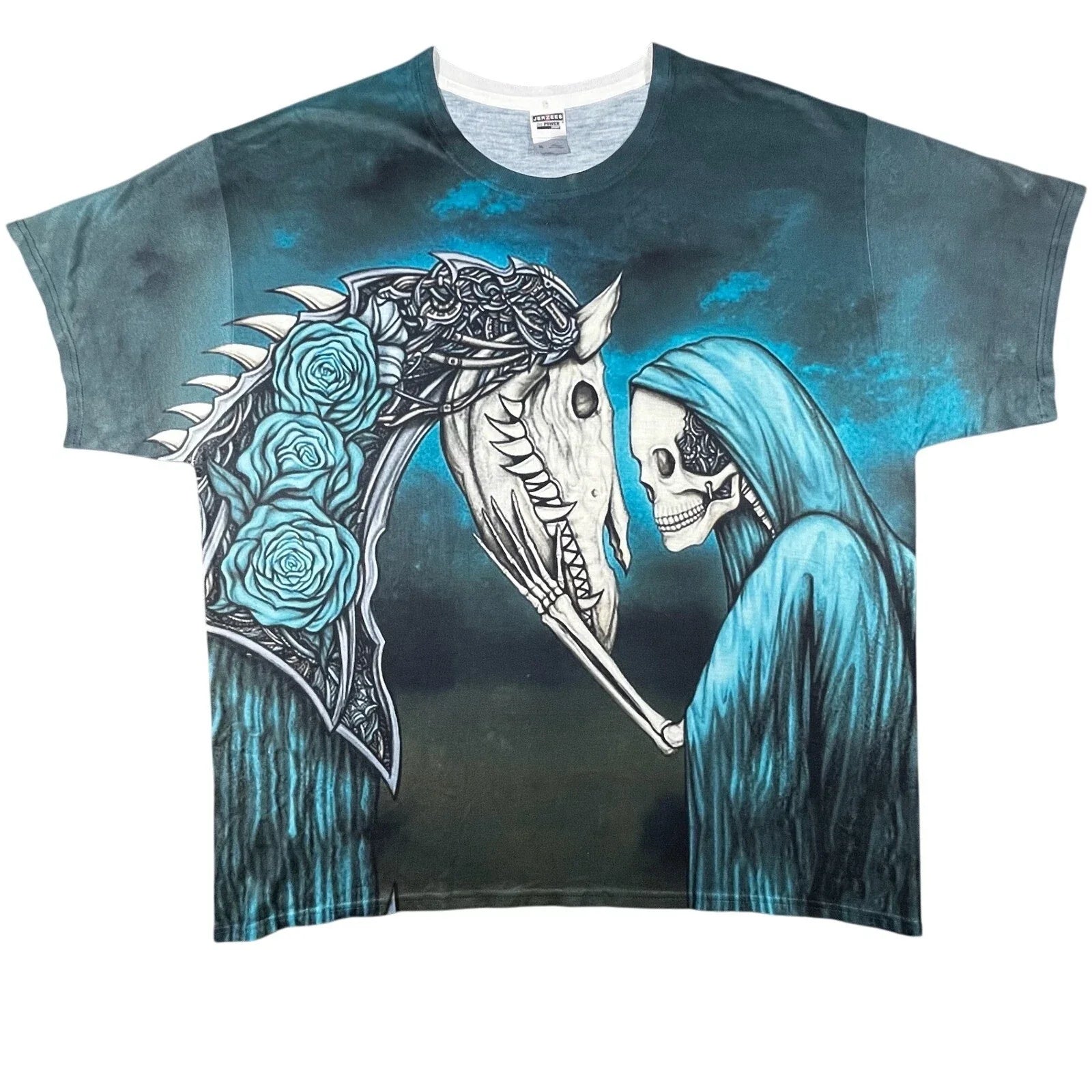 Grim Reaper Skeleton Horse All Over Graphic T XL Sick Front Back Hit Y2K Gothic Unisex , , , Long Sleeve Tee