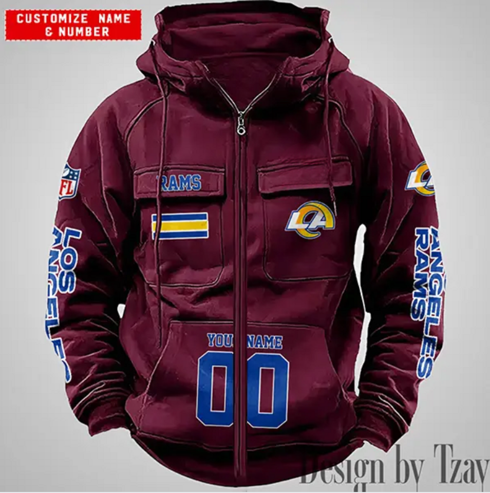 LA Rams Personalized Name & Number Vintage Cargo Zip Hoodie