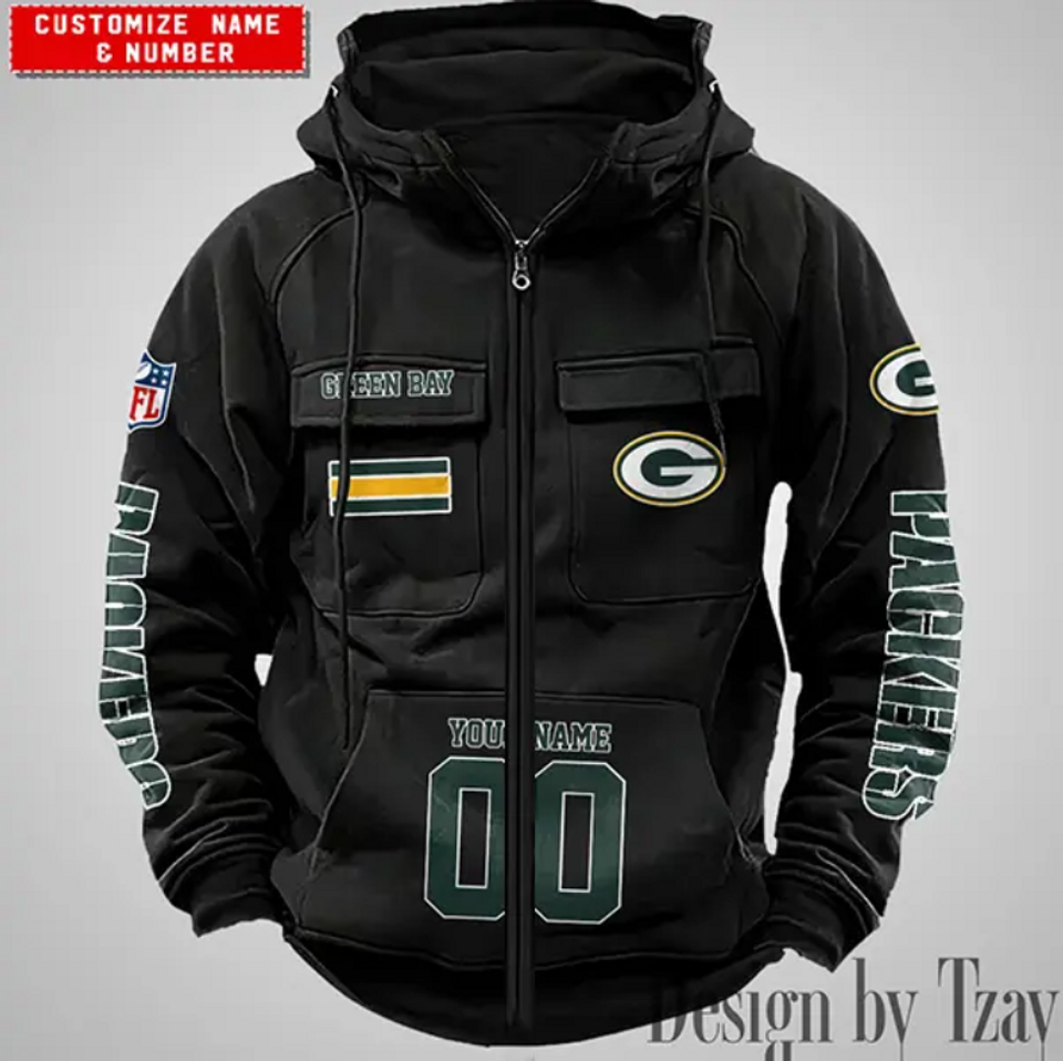 Green Bay Personalized Name & Number Vintage Cargo Zip Hoodie