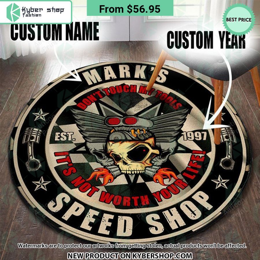 Speed Shop Garage Hot Rod Don’t Touch My Tools CUSTOM Round Rug