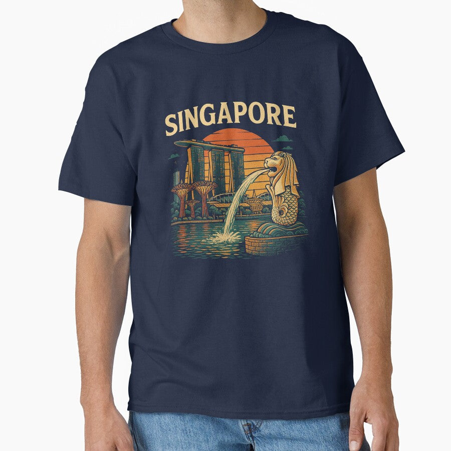 Singapore Merlion Retro Skyline Vintage Travel Souvenir Design by UrbanKangaroo Unisex , , , Long Sleeve Tee