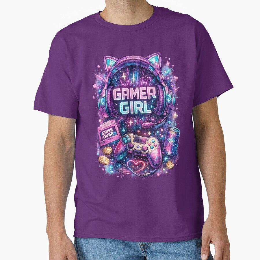 Neon Gamer Girl – Retro Gaming Aesthetic with Cat Ear Headphones by ProDesigns-KM Unisex , , , Long Sleeve Tee