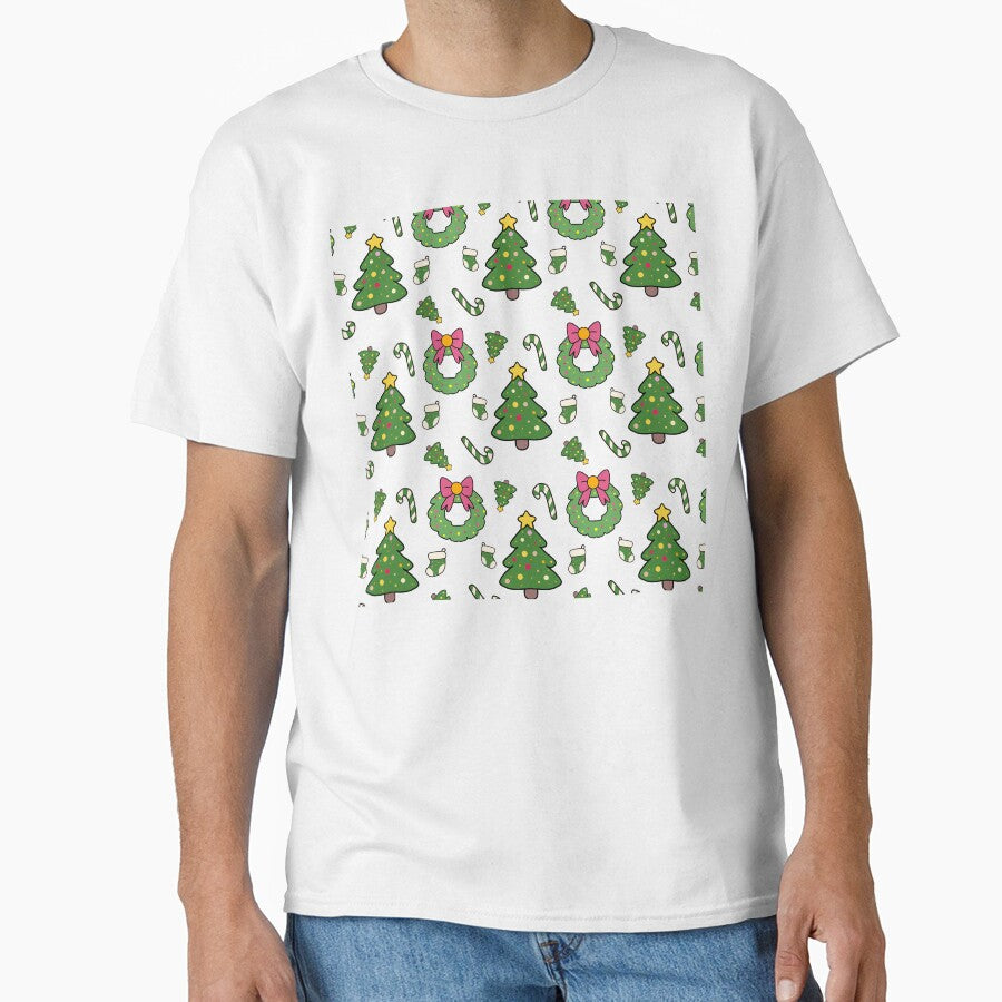 Cute Kawaii Christmas Seamless Pattern with Tree, Wreath and Candy Cane – Holiday Decor Design. by Teenidesign