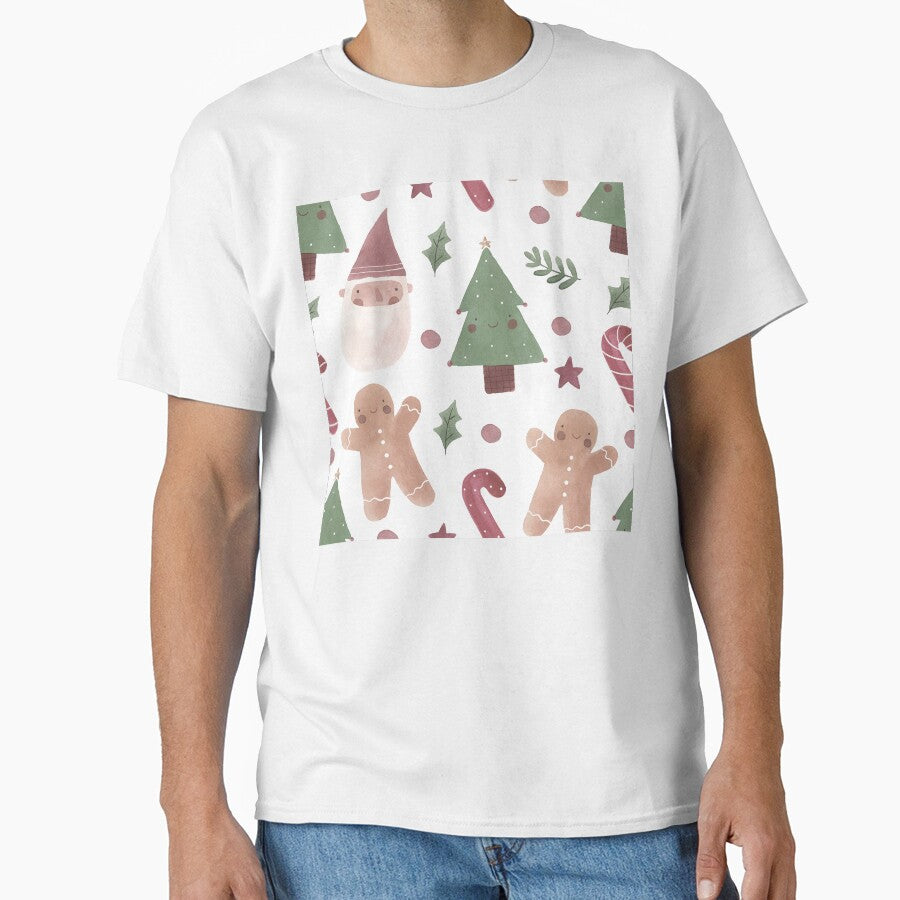 Minimalist Christmas Pattern — Gingerbread, Santa & Trees Watercolor Art by LuckyStarShop7