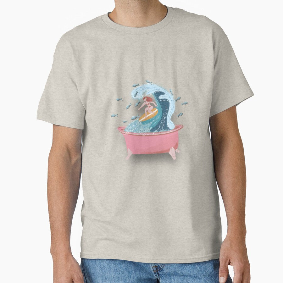 SURFING IN THE BATHTUB, pink background fan by WONDERPRINTVALLEY Unisex , , , Long Sleeve Tee