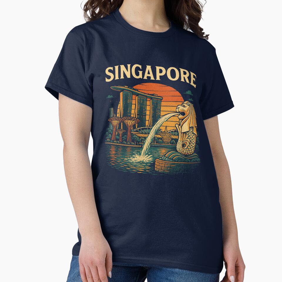 Singapore Merlion Retro Skyline Vintage Travel Souvenir Design by UrbanKangaroo Unisex , , , Long Sleeve Tee