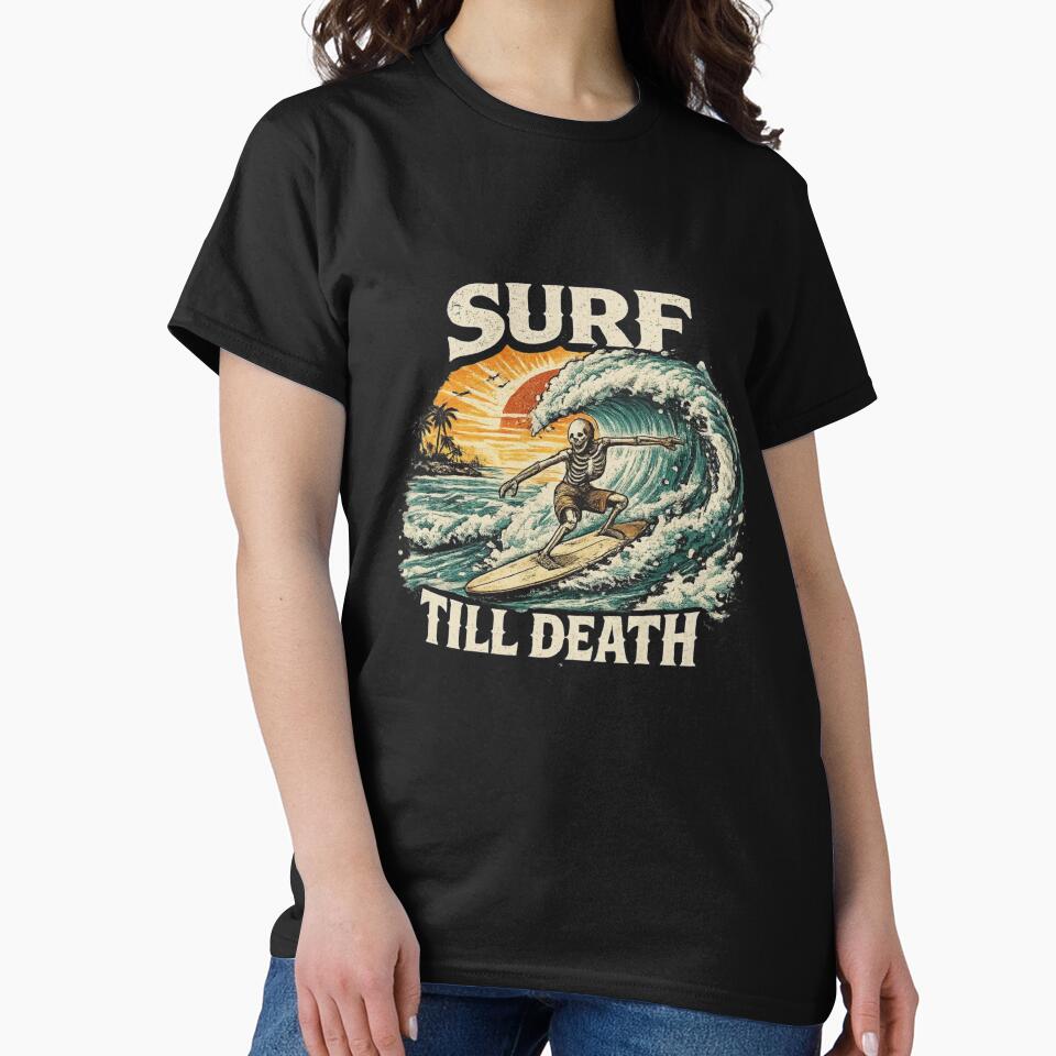 Surf Till Death – Skeleton Surfing Vintage Sunset Wave Surfer Graphic by HubCreates Unisex , , , Long Sleeve Tee
