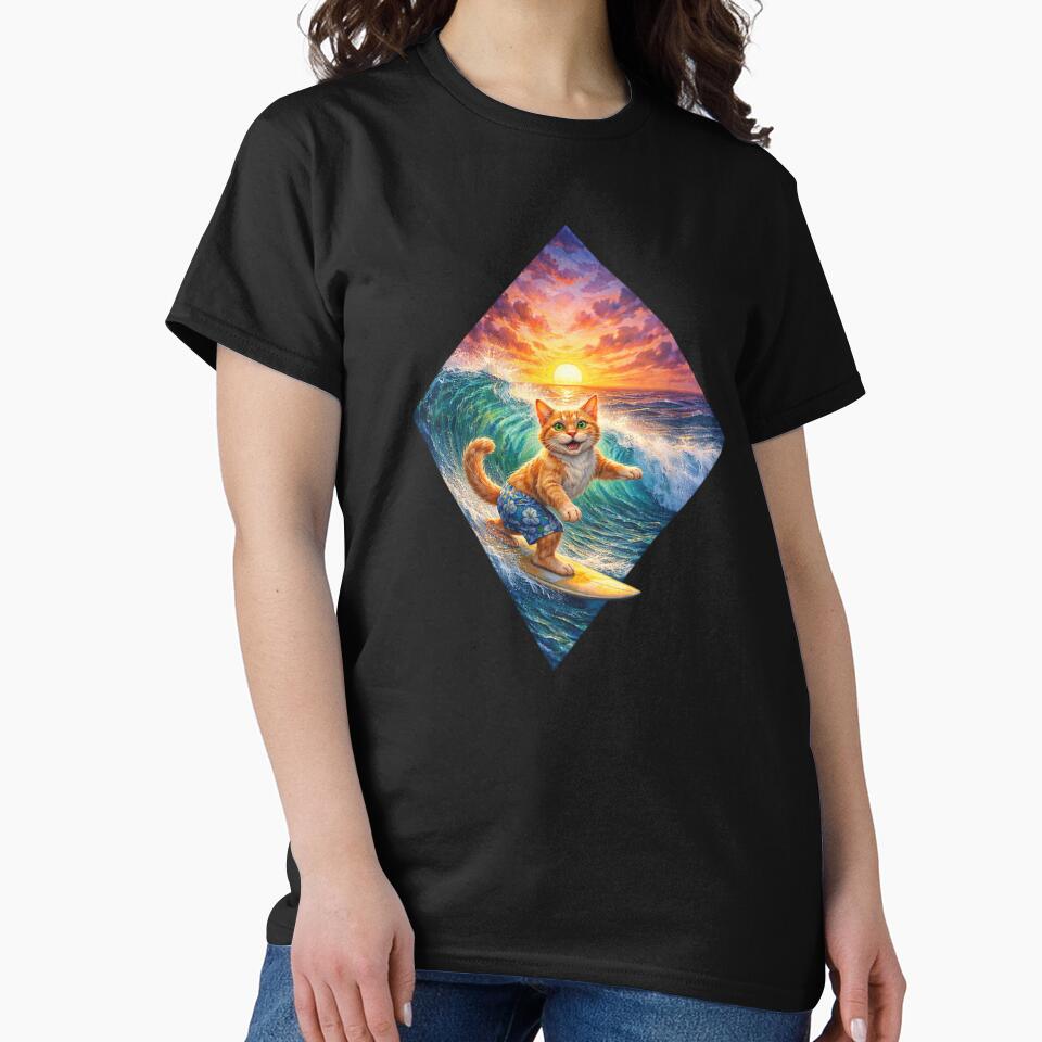 Cat Surfing Sunset Art by Planetporridge Unisex , , , Long Sleeve Tee