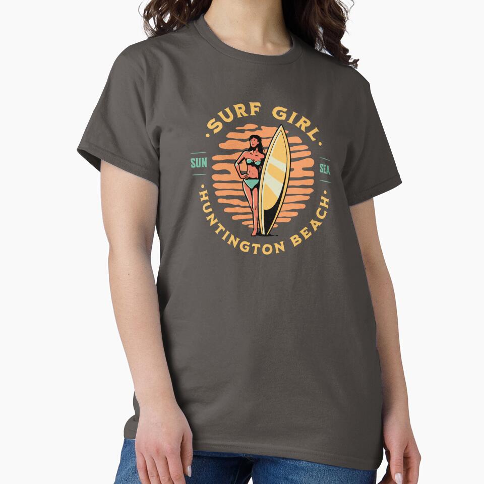 Surfer Girl Surfing Huntington Beach California by CattlettArt Unisex , , , Long Sleeve Tee