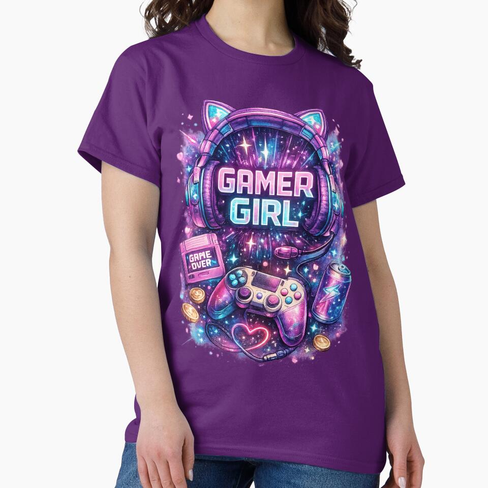 Neon Gamer Girl – Retro Gaming Aesthetic with Cat Ear Headphones by ProDesigns-KM Unisex , , , Long Sleeve Tee