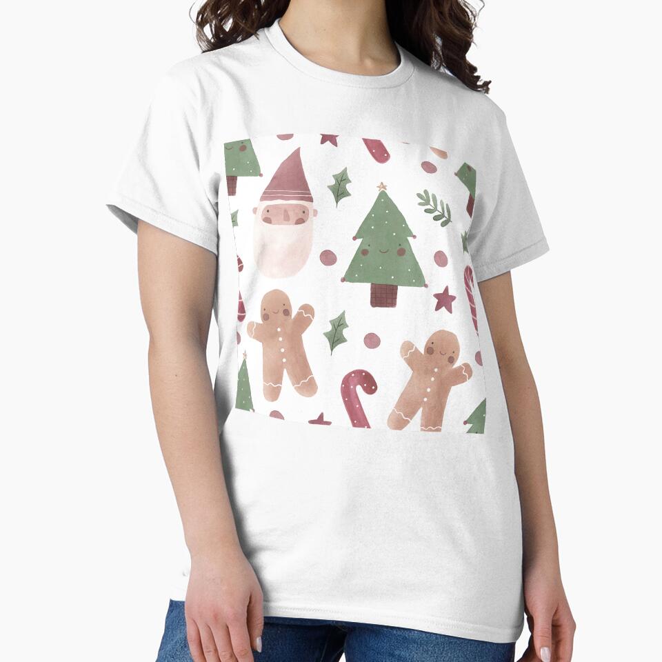 Minimalist Christmas Pattern — Gingerbread, Santa & Trees Watercolor Art by LuckyStarShop7