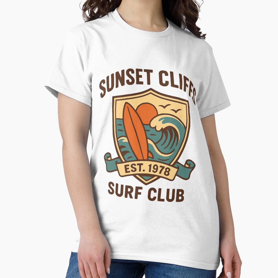 Sunset Cliffs Surf Club - Retro 70s Beach Badge by Teeseas Wave