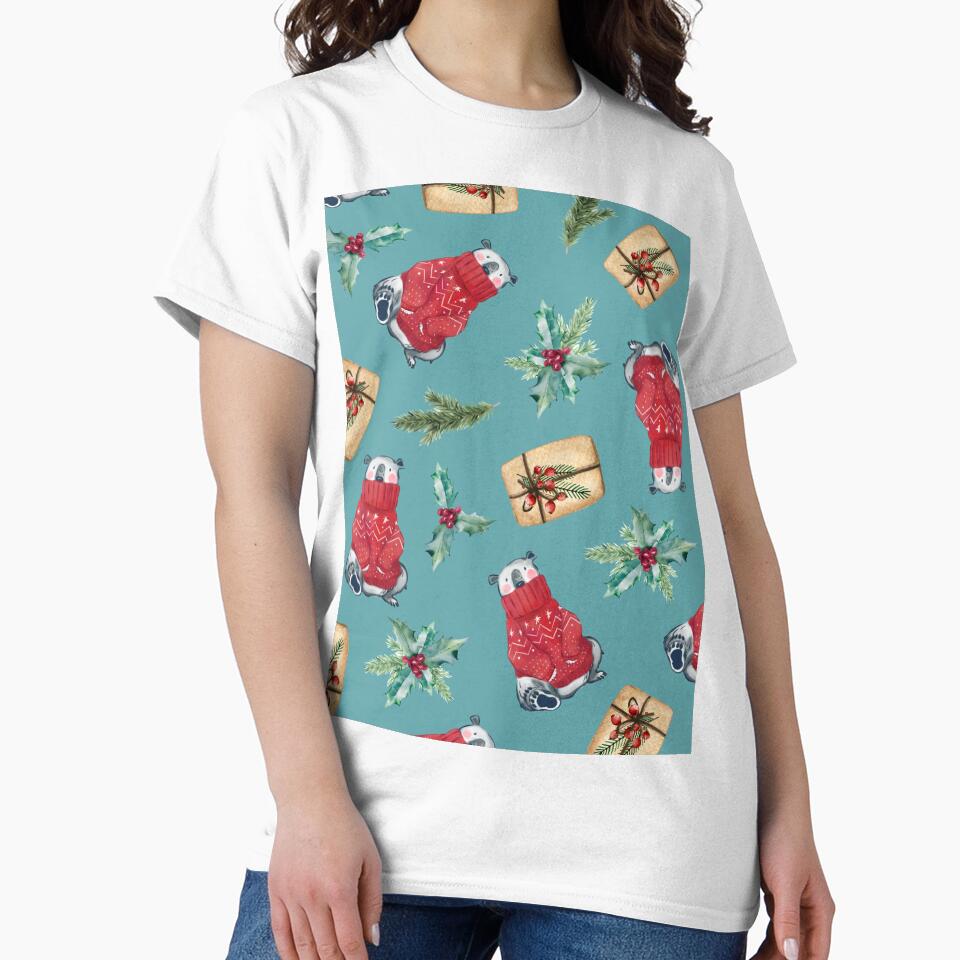 Pastel Blue New Year Pattern with Polar Bear in Sweater, Gift, Holly and Spruce Branch by fowons