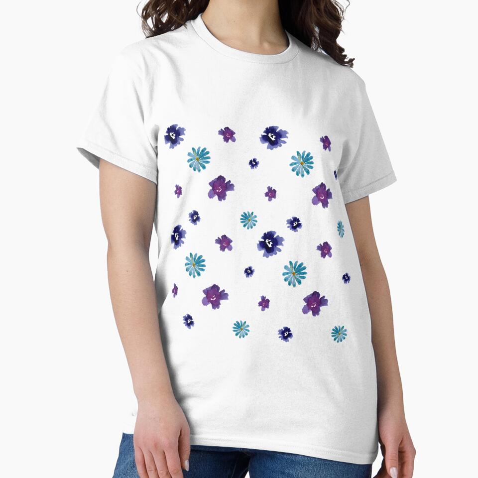 Violet viola dark blue daisy pattern watercolor by Yana Mustafina | Boho Soulful Designs Unisex , , , Long Sleeve Tee