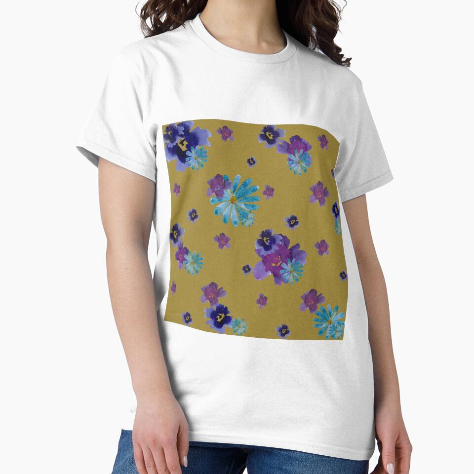 Violet daisy blue flower yellow pattern watercolor by Yana Mustafina | Boho Soulful Designs