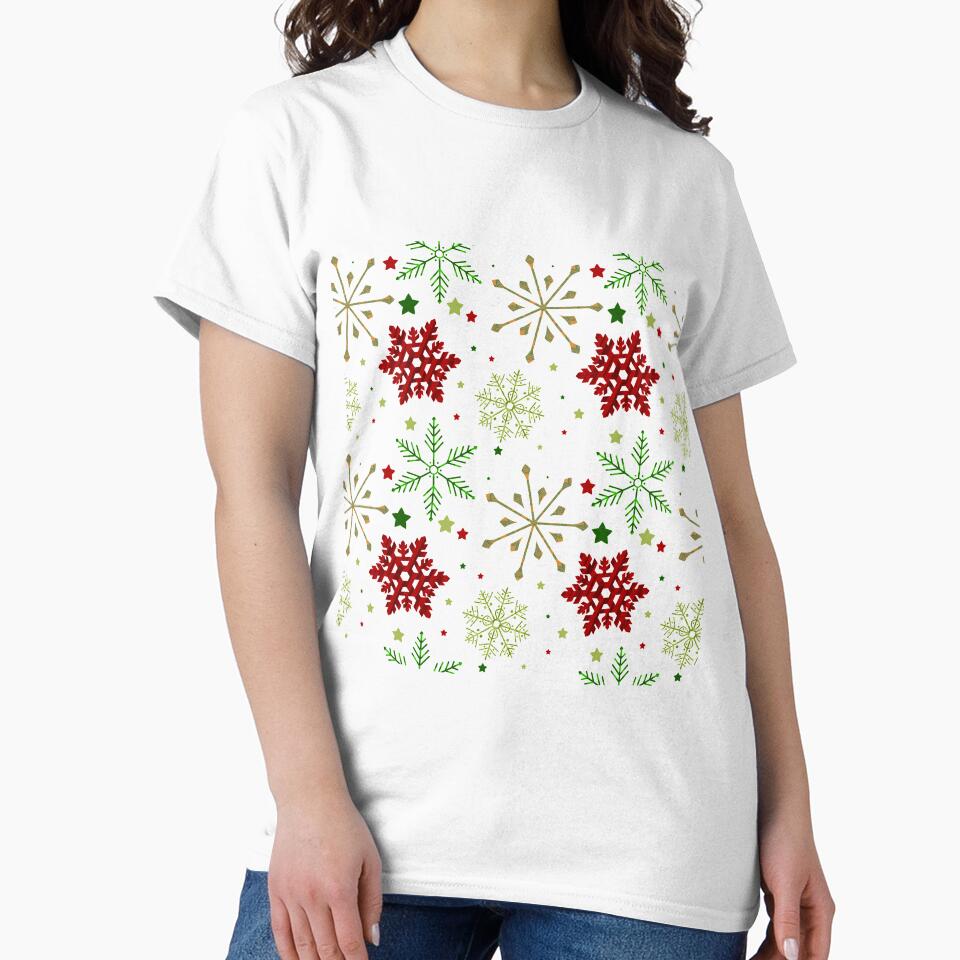 Christmas Snowflakes and Stars Pattern  // Red // Green // Gold by Lavender Mint Graphics