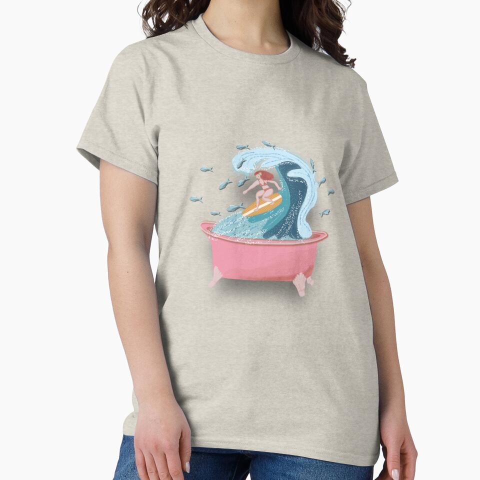 SURFING IN THE BATHTUB, pink background fan by WONDERPRINTVALLEY Unisex , , , Long Sleeve Tee