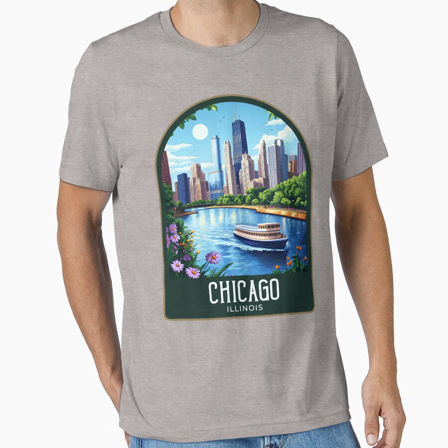 Chicago Vintage Travel Illustration by HomeLivingCo Unisex , , , Long Sleeve Tee