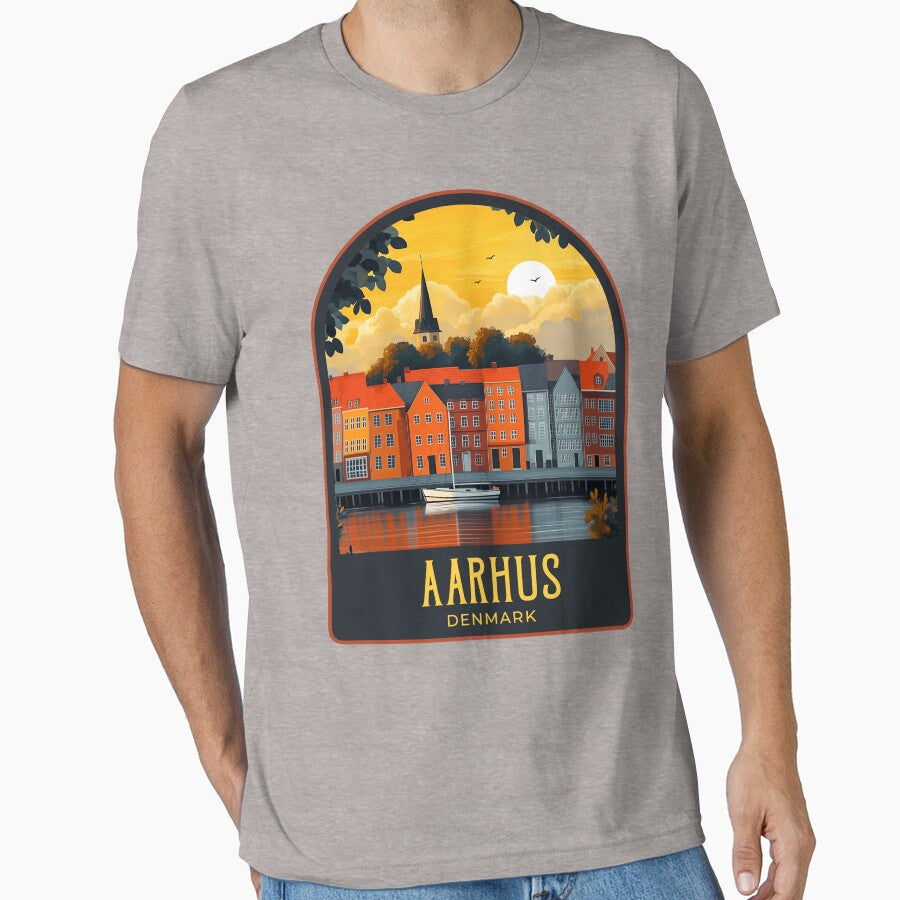Aarhus Vintage Travel Illustration by HomeLivingCo Unisex , , , Long Sleeve Tee