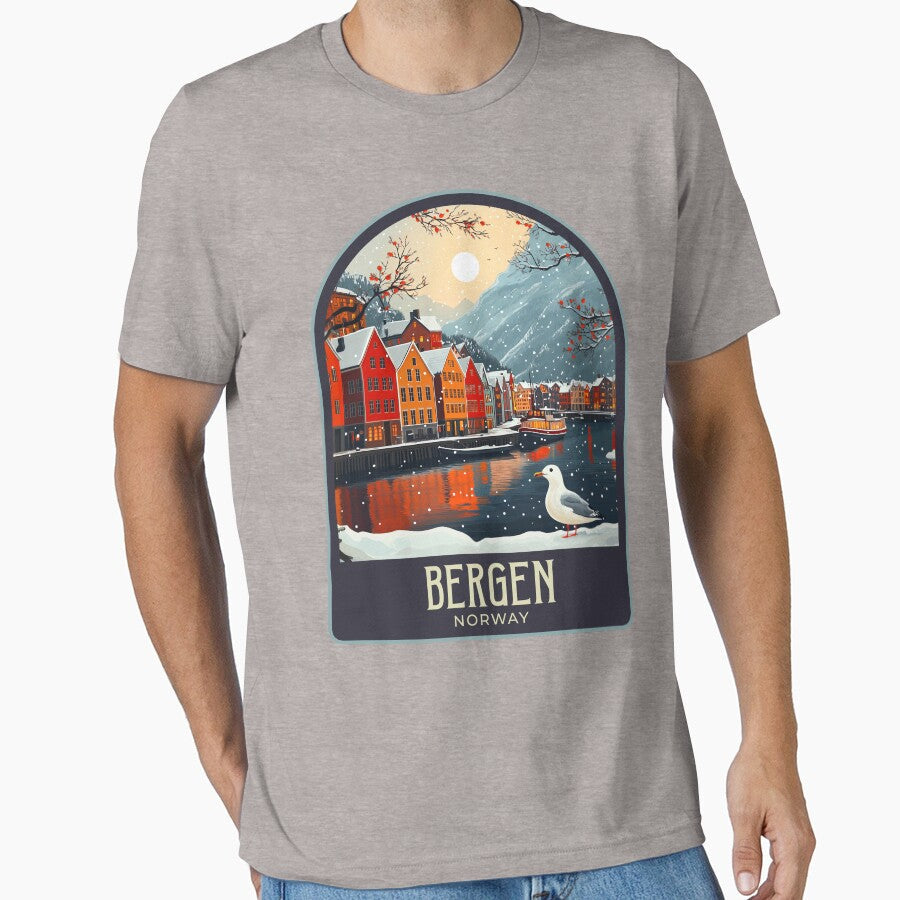 Bergen Vintage Travel Illustration by HomeLivingCo Unisex , , , Long Sleeve Tee