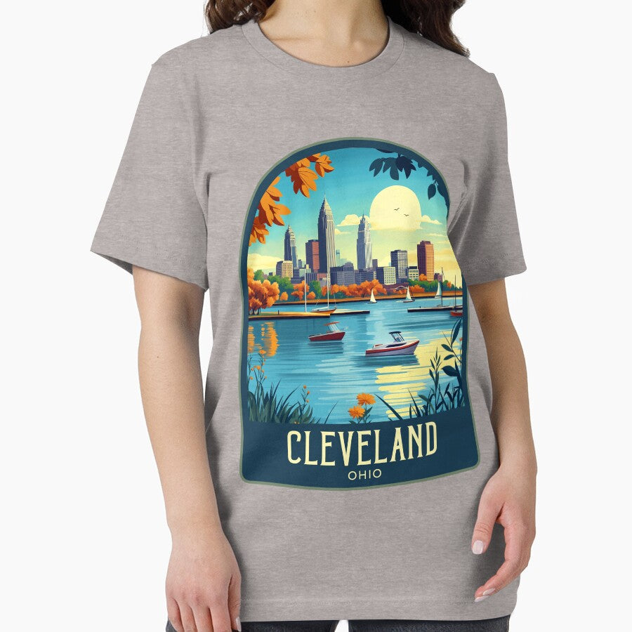 Cleveland Vintage Travel Illustration by HomeLivingCo Unisex , , , Long Sleeve Tee