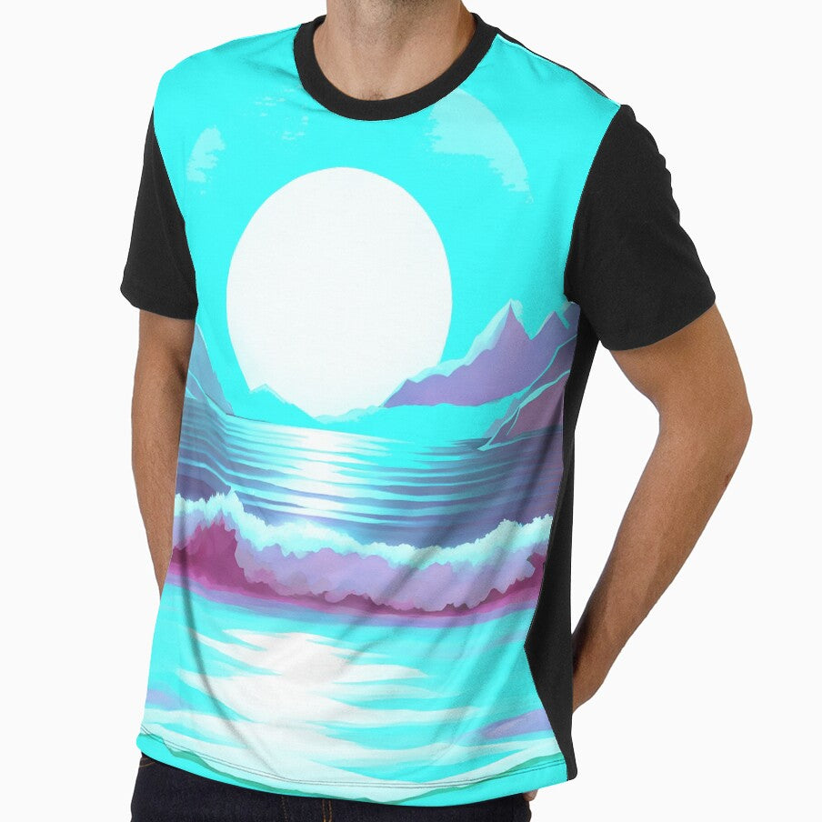 Retro Moon Ocean Beach Mountains Sky AI Art 1 of 4 by Beachy Unisex , , , Long Sleeve Tee