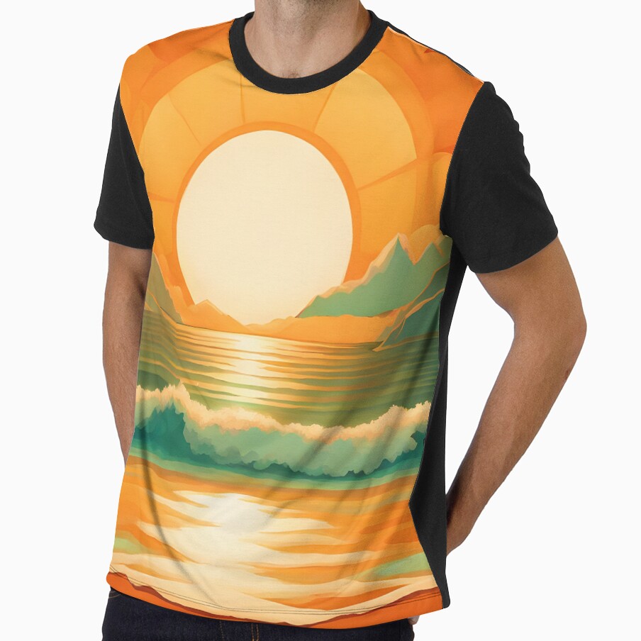 Retro Sun Beach Ocean Mountains Sky AI Art 1 of 4 by Beachy Unisex , , , Long Sleeve Tee