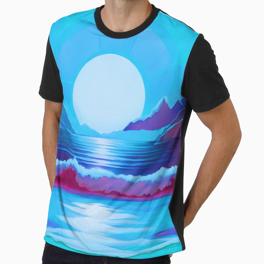 Retro Moon Ocean Beach Mountains Sky AI Art 2 of 4 by Beachy Unisex , , , Long Sleeve Tee