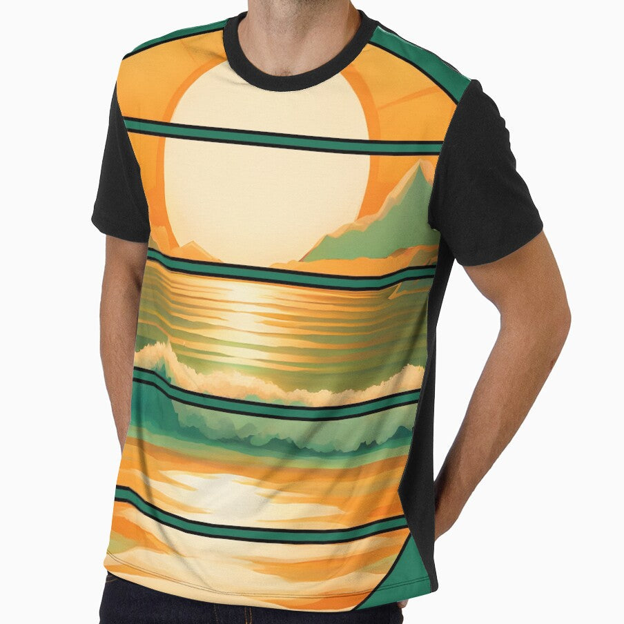 Retro Sun Beach Ocean Mountains Sky AI Art - Orange with black edge by Beachy Unisex , , , Long Sleeve Tee