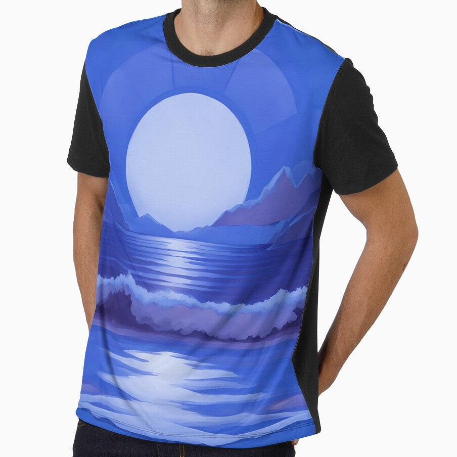 Retro Moon Ocean Beach Mountains Sky AI Art 4 of 4 by Beachy Unisex , , , Long Sleeve Tee