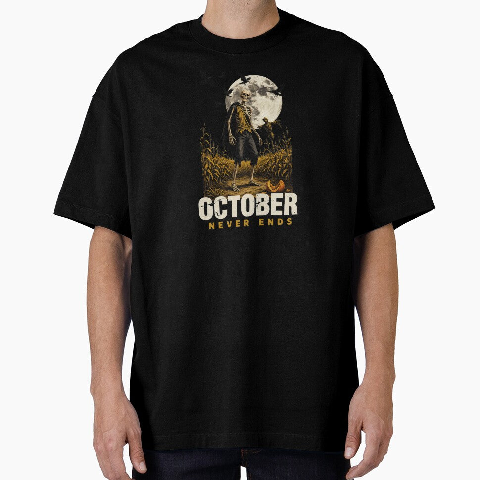 October Never Ends, Skeleton Cornfield Scarecrow Vintage Horror Movie Poster 80s by CryptReel