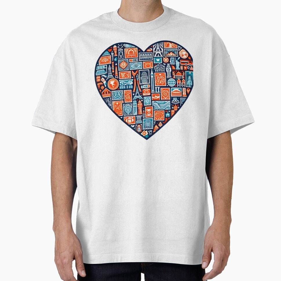 Travel Heart World Landmarks Wanderlust Icon Design by DrawDrip Unisex , , , Long Sleeve Tee