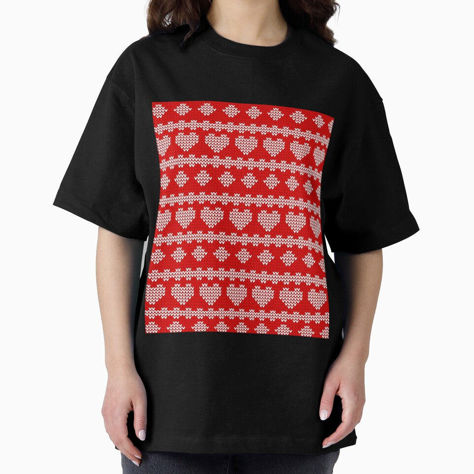 Red and White Knitted Christmas heart Pattern by Rokay Arts