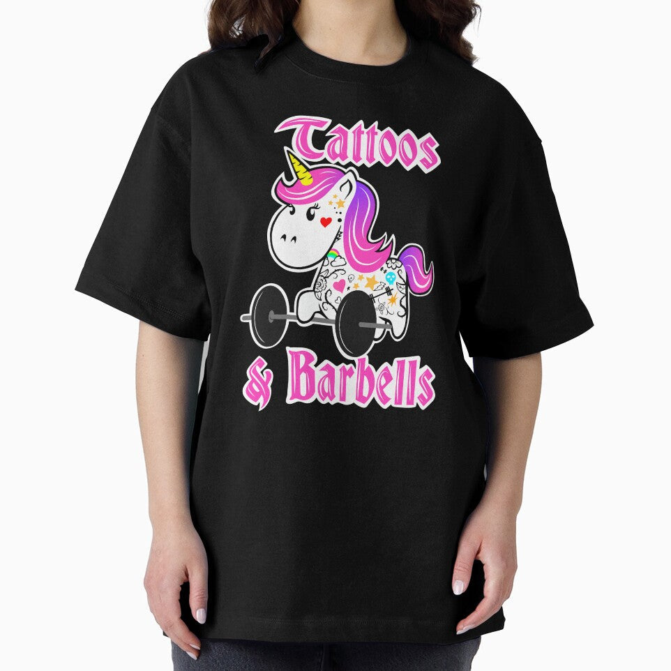 Fitness girl, barbell unicorn, tattoos and barbells by Tim Addison Unisex , , , Long Sleeve Tee