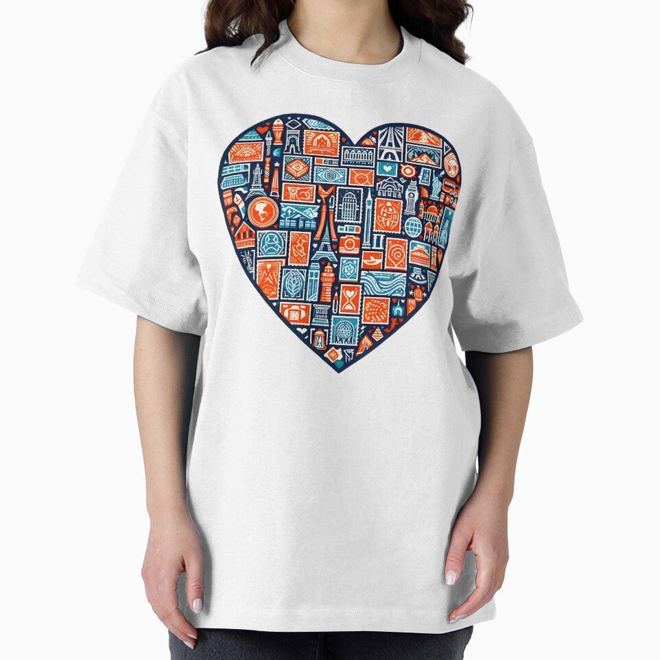 Travel Heart World Landmarks Wanderlust Icon Design by DrawDrip Unisex , , , Long Sleeve Tee