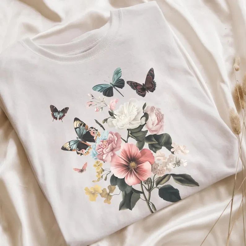 Vintage Butterfly Flower Boho Comfort Tee Womens Graphic Soft Cotton Unisex , , , Long Sleeve Tee
