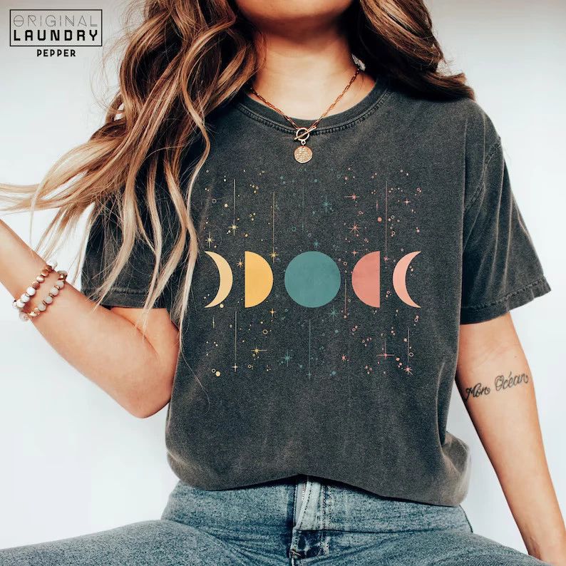 Boho Moon Phases Celestial Graphic Design Soft Comfort Tee Unisex , , , Long Sleeve Tee