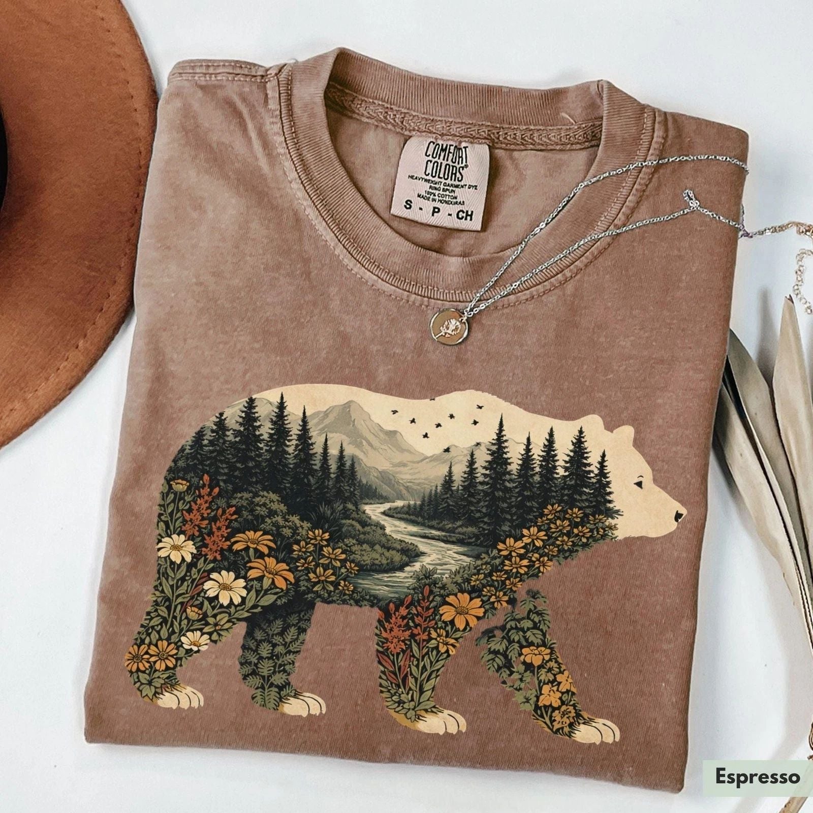 Comfort Colors® Nature Bear Shirt, Bear Lover Shirt, Boho Bear Floral Shirt, Nat Unisex , , , Long Sleeve Tee