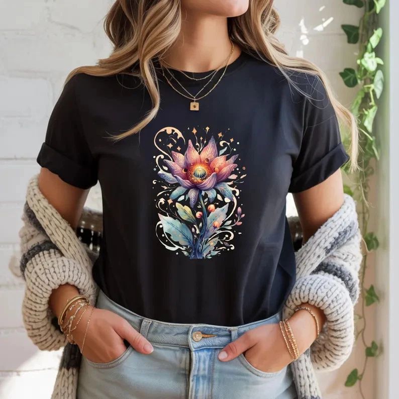 Watercolor Lotus Flower Comfort Tee Floral Boho Style Soft Relaxed Fit Unisex , , , Long Sleeve Tee
