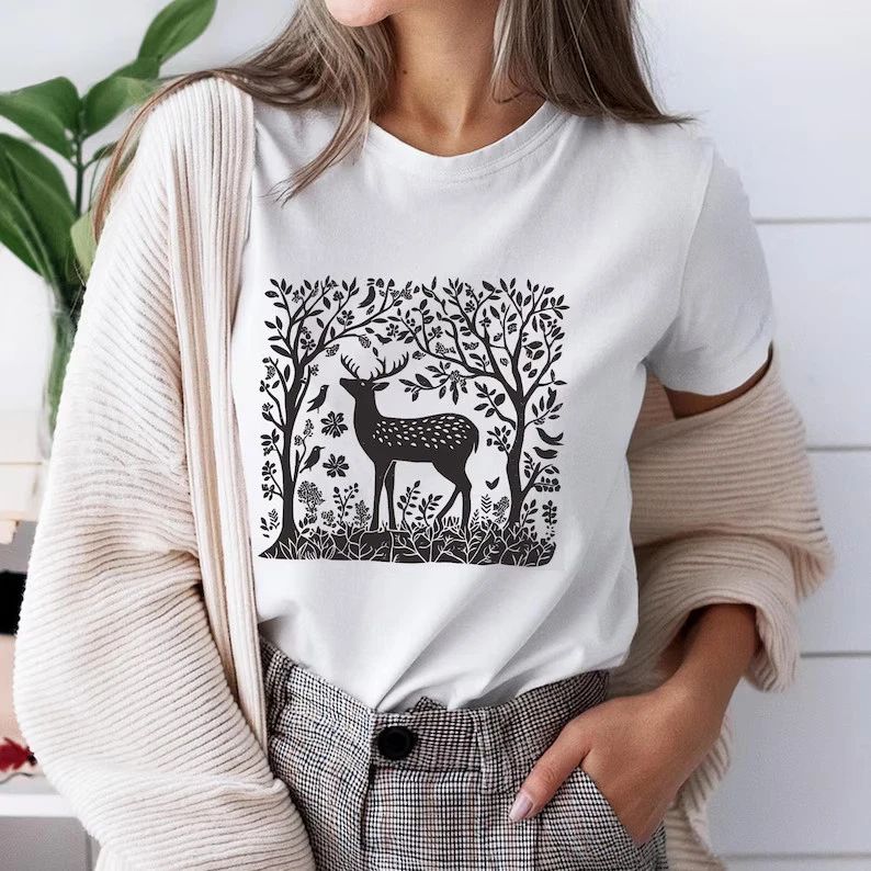 Deer Linocut Print Boho Woodland Comfort Tee Unisex , , , Long Sleeve Tee