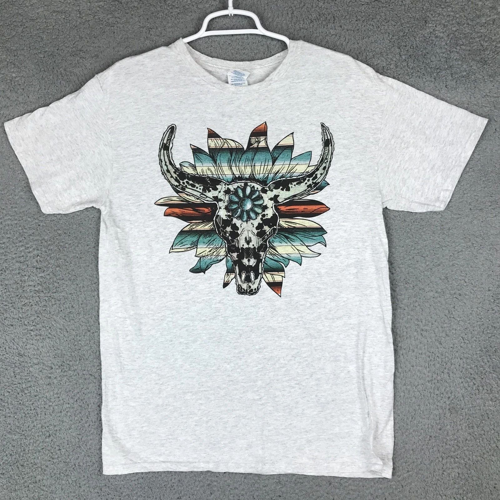 Delta Pro Weight Shirt Mens Medium Gray Bull Skull Feather Boho Western Tee Unisex , , , Long Sleeve Tee