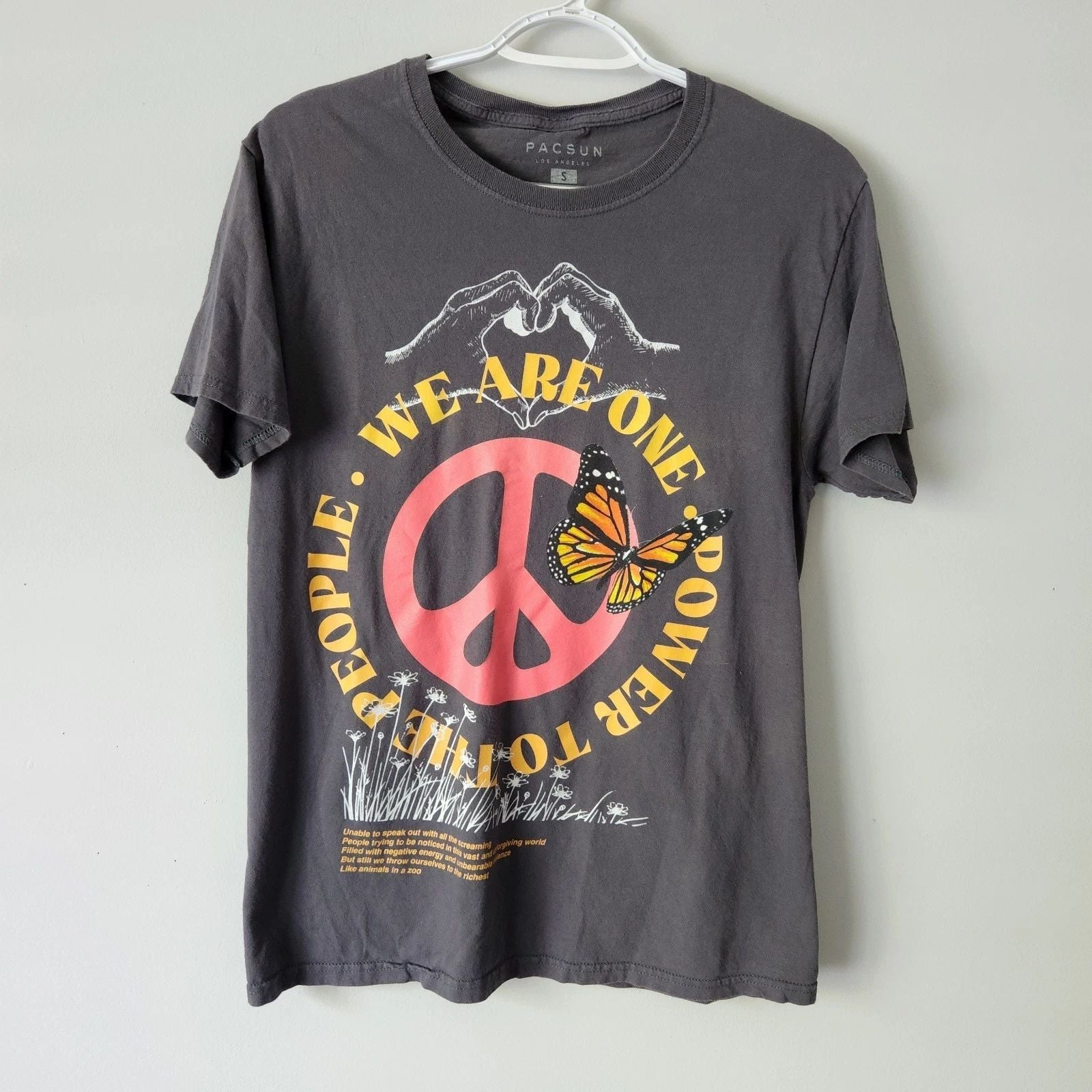 Pacsun Gray Graphic Tshirt Peace Butterfly Boho Size Small Unisex , , , Long Sleeve Tee