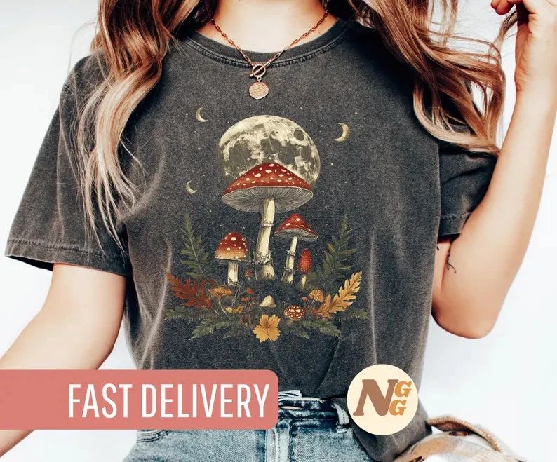 Boho Mushroom Moon Vintage Style Comfort Tee Unisex , , , Long Sleeve Tee