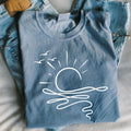 Comfort Colors Sun Ocean Shirt - Linear Graphic Boho Summer T Shirt - Trendy Bea Unisex , , , Long Sleeve Tee